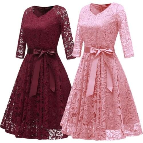 Women Lace Dress Bridesmaid Evening Wedding Formal Prom Party Lady Dresses Gown V-Neck Sexy Long Sleeve 2020 Elegant Self