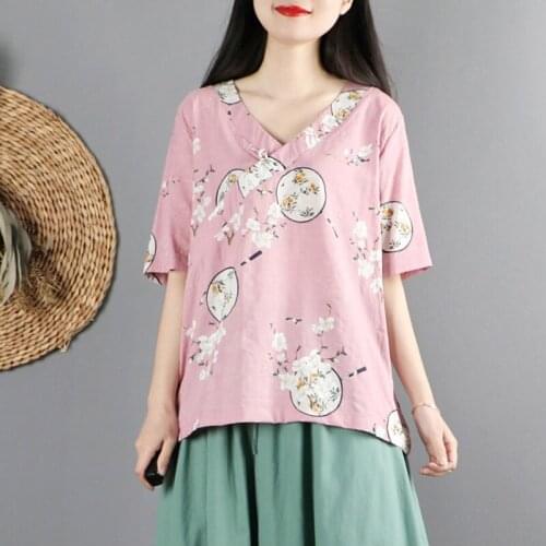 2021 Summer Chinese Traditional Women Clothing Hanfu Top Tang Suit Chinese Blouse Chinese Ancient V Neck Linen Shirts 31136