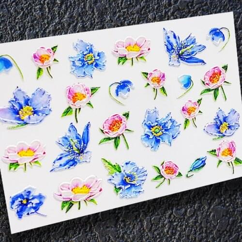 3D Acrylic Engraved Nail Sticker spring blue flowes desgin Water Decals Empaistic Nail Water Slide Decals Z0280