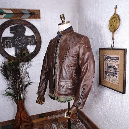 Free shipping.High quality.Plus size.US rider brand vintage casual genuine leather coat.brown tea core cowhide leather jacket