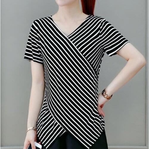 Womens Elegant Summer Blouse Stripe Print Loose Casual Tee Top Short Sleeved Lrregularity V Neck Office Shirt Блузка Женская