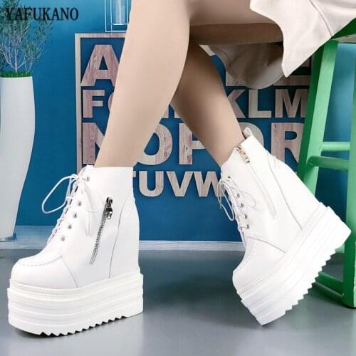British Style Martin Boots Fashion Within Increase Womens Ankle Boots Platform Lace-Up Motorcycle Boots 14 Cm Wedges High Heels
