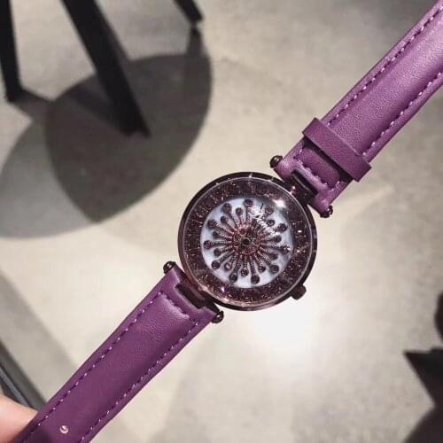Fashion Women Brand Crystal Flower Spinning Watches Pretty Full Purple Genuine Leather Strap Watch GOOD LUCK Rotating Wristwatch