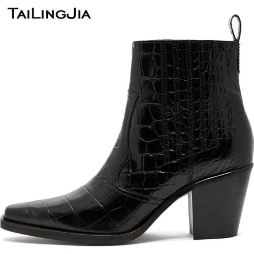 Black Texas Boots Block Heel Cowboy Boots For Women 2019 Western Woman Brown Ankle Booties Ladies Square Toe Short Boot Shoes