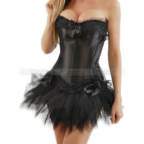 Black Overbust Corset Lace up Basque Bustier + Black TuTu Skirt S M L XL 2XL 3XL 4XL 5XL 6XL