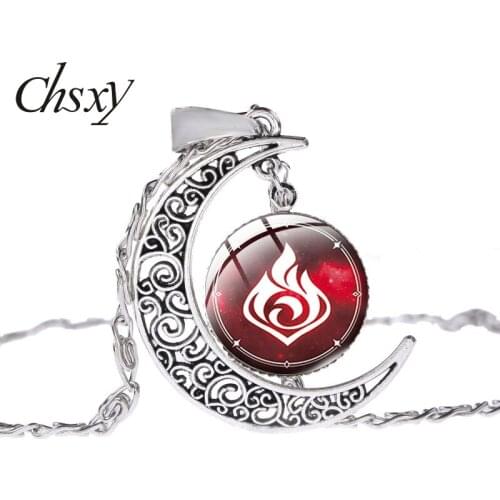CHSXY Silver Color God Genshin Impact Eye Moon Necklace Convex Art Glass Ball Pendant Necklace Collar Jewelry Accessories Gifts