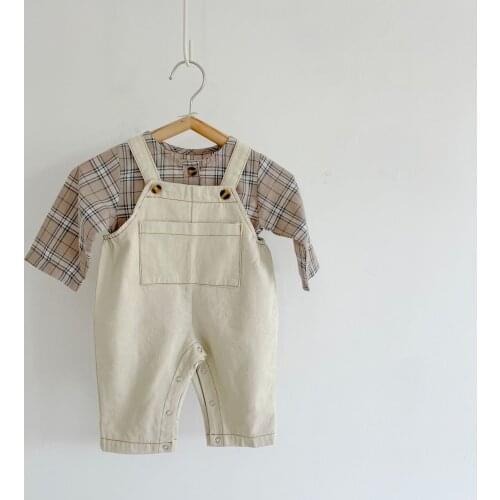 Baby Denim Strap Pants 2021 Spring And Autumn New Korean Boys Girls Plaid Long Sleeve Creeper Two-piece Set