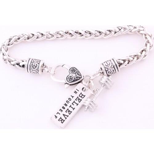 Fitness Dumbell Barbell Antique Silver Charm Bracelet "Believe In Yourself"