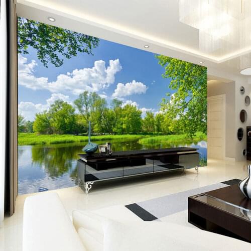 3D green tree forest and lake mural living room bedroom TV background wallpaper