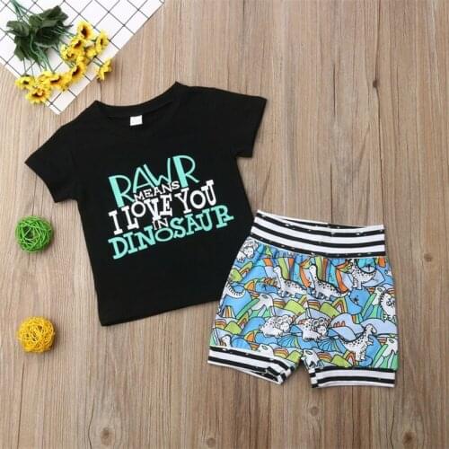 New Summer Toddler Kids Boy Clothing Set Short Sleeve Cotton T-shirt Tops Cartoon Dinosaur Shorts Pant 2PCS Children Clothes