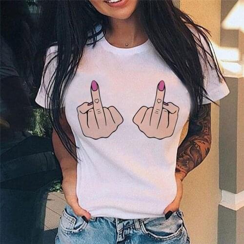 Interest Middle Finger Chest Print Tshirt Round Neck Summer Fashion T Shirt Casual Simple Ladies T-shirt