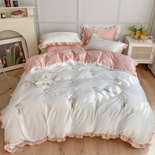 Ice Silk Washing Bedding Set Artificial Tencel Denim Small Fresh American-Style Home Lotus Lace Solid Color Bedding