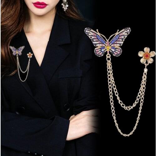 Korean Butterfly Flower Brooch Rhinestone Crystal Tassel Chain Lapel Pin Suit Coat badge Collar Pins Jewelry Women Accessories
