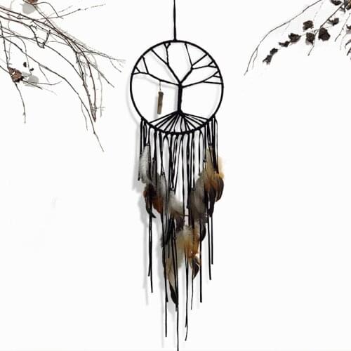 Black Handmade Tree of Life Dream Catcher with Feathers Wind Chimes Wall Hanging Dreamcatcher Ornament for Cafe Bar Home Decor