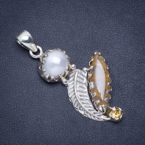Natural Golden Rutile,River Pearl and Citrine Handmade Leaf Unique 925 Sterling Silver Pendant 2" A0243