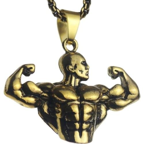 New Trendy Bodybuilding Arm Muscle Man Statue Pendant Necklace Mens Necklace Fashion Metal Pendant Accessories Party Jewelry