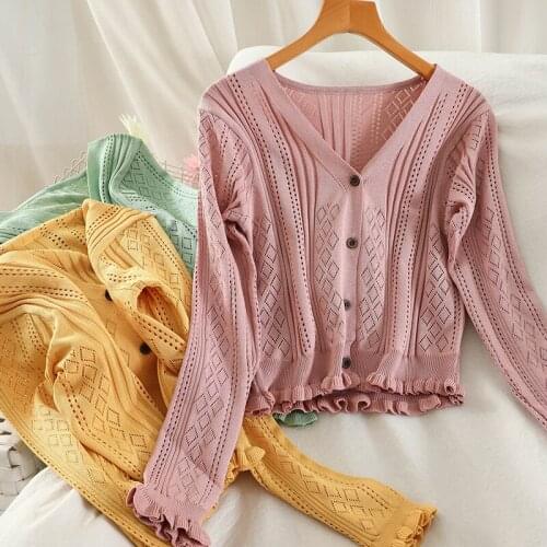 OUMEA Spring Autumn Knitted Blouse V Neck Lettuce Edge Casual Top Buttons Front Diamond Pattern Flounce Hem Sweet Knitting Tops