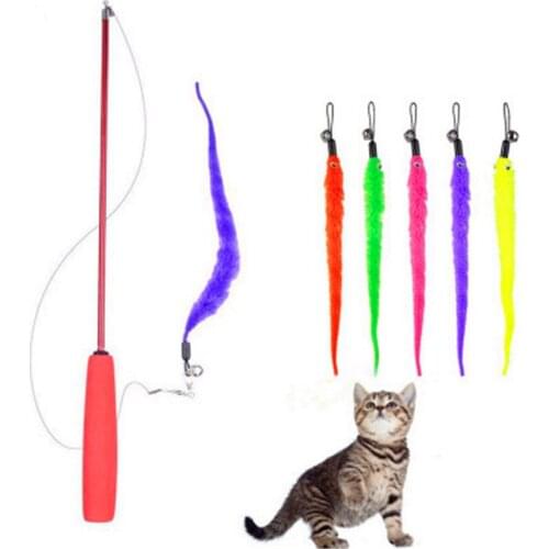 5pcs Colorful Cat Teaser Wand Rod Chase Toys Replacement Refill Plush Worms Pet Cat Interactive Toy Training Playing Stick Toy