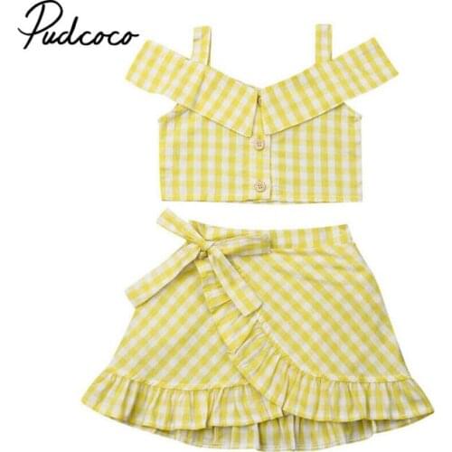 Pudcoco girl clothes 2019 Cute Toddler Baby Girl Clothes Off-Shoulder Plaids Tops+ Skirt 2pcs Outfit Sunsuit