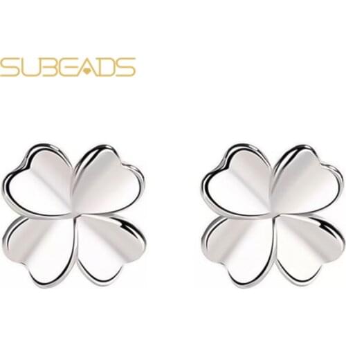 Subeads 999 Sterling Silver Four-Leaf Clover Stud Earrings For Women Simple Plant Earrings Ear Stud Jewelry Daily Gifts
