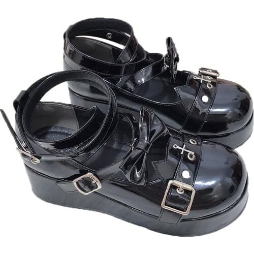 Womens Lolita Ankle Strap Round Toe Cross Bowknot Platform Gothic Punk Pumps Shoes Creepers Belt Buckle Japanese Harajuku 2021