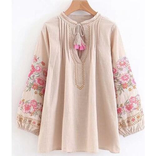 Spring Women Bohemian Tassel Shirt Cute Beach Floral Embroidery Linen Cotton Blouse Shirt Flare Sleeve Loose Boho Blusas