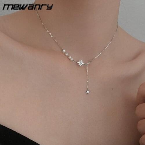 Mewanry 925 Sterling Silver Stars Necklace for Women Fashion Simple Temperament Party Pearl Chain Clavicle Jewelry Gifts