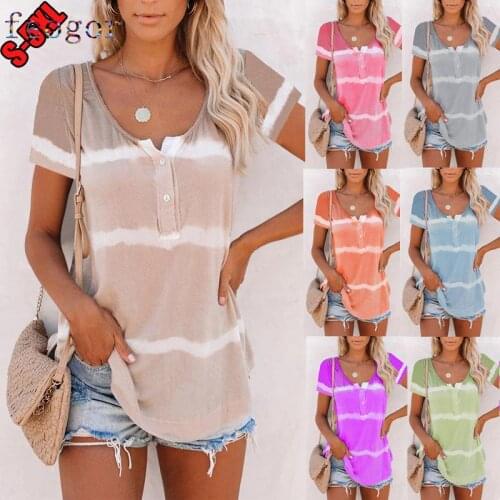 FEOGOR T-shirt women Summer plus size womens V-neck button tie-dye top short-sleeved printed t-shirt Womens plus size T-shirt