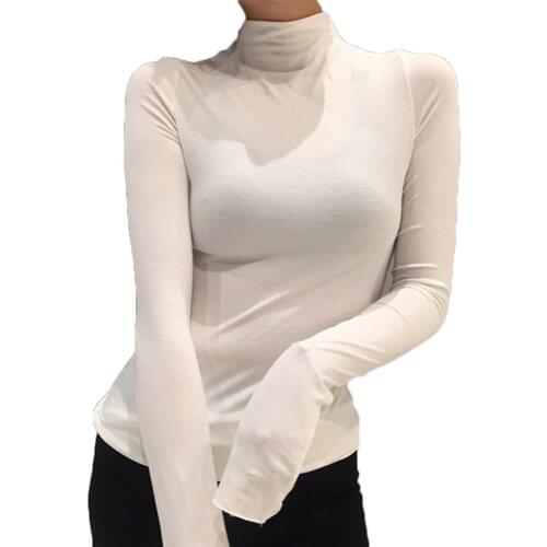2021 Women Casual Solid Color Base Shirt Long Sleeve Turtle Neck Slim Top Womens clothing Autumn Winter Long Sleeve