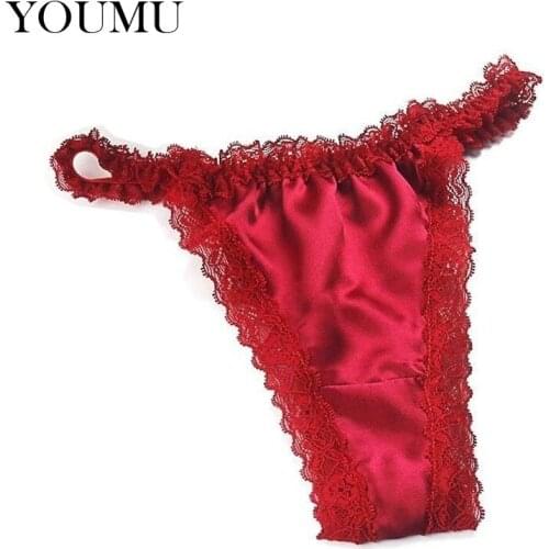 Women Sexy Stain Faux Silk G-String Lace Solid 7 Colors Low-Rise Thong Plus Size M-2XL Breathable Underpants Bikini 912-639