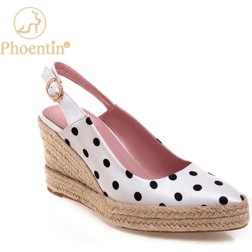Phoentin wedges shoes for women 2020 new Polka Dot wedge heels platform pointed toe silk shoes women slingbacks white FT885