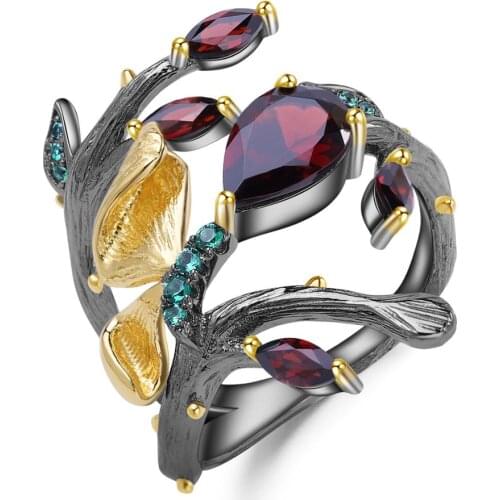 GEMS BALLET 2.37Ct Natural Red Garnet Rings for Women 925 Sterling Silver Original Handmade Butterfly Flower Branth Ring Bijoux