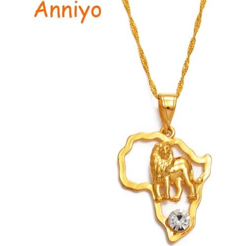 Anniyo Africa Map Necklaces for Women Girls Gold Color African Lion Pendant Ethiopian Jewelry Nigeria Congo Ghana Gifts #132406