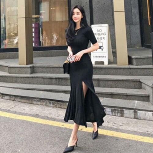 Summer Vintage Elegant Office Dress Black Short Sleeve O Neck Split Party Evening Dress Bandage Bodycon Women Dress Vestidos