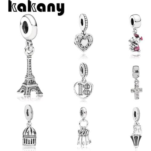 KAKANY 100% 925 Sterling Silver Eiffel Tower Cute Pig Poppins Umbrella Bird Cage Love Key Cross 18 Years of Love Hanging Charm