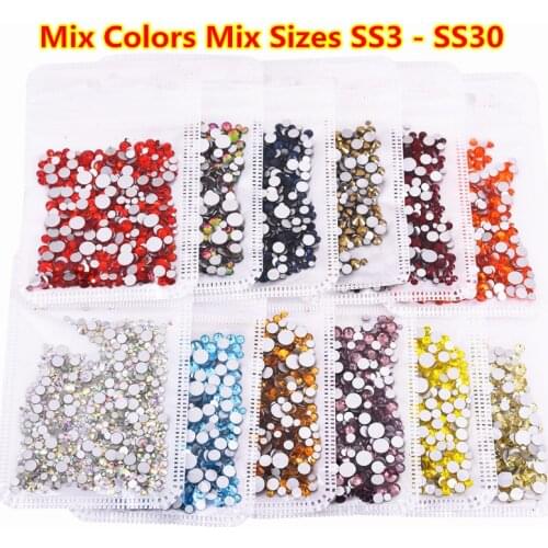 30Colors 1500pcs/bag Mix Sizes ss3-ss30 Non Hotfix Rhinestones Glass Flatback Nail Art Stones Strass Nail Decoration Crystal Mix