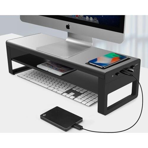2 Tiers Aluminum Monitor Stand with Wireless Charging and 4 Ports USB 3.0 Hubs Support Data Transfer Desktop Organizer
