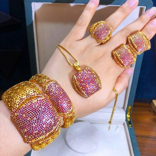 Brand Luxury Hollow Lace 5PCS Bracelet Ring Earring Set For Women Wedding Bridal Zircon African/Indian/Dubai Bridal Jewelry Set