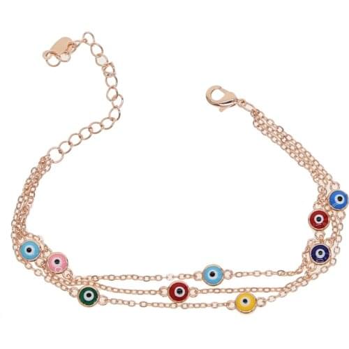 Colorful rainbow turkish evil eye bracelet three layer chain round dots link chain fashion jewelry rose gold color bracelets