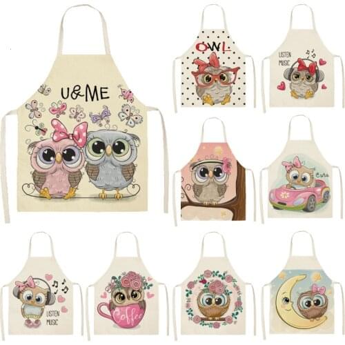 1Pcs Owl Sleeveless Chef Apron Cotton Linen Flower Printed Kitchen Brief Pinafore Women Home Cooking Baking Waist Bib 53*65cm