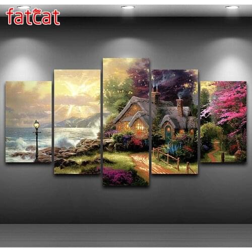 FATCAT 5 Panel Seashore Cottage Classic Diy Diamond Painting Full Square Round Drill Diamond Embroidery Sale Home Decor AE929