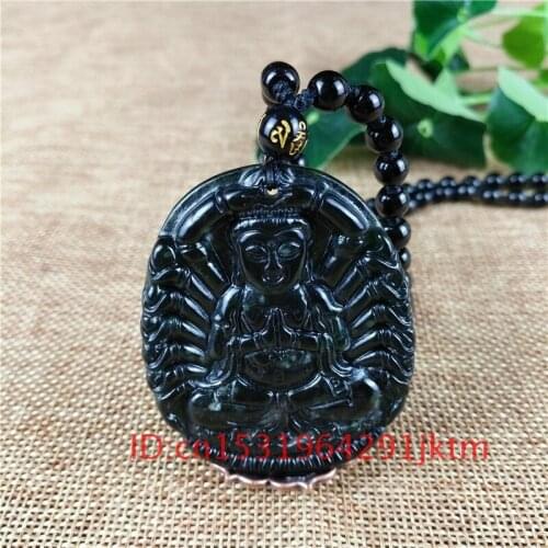 Guanyin Natural Men Amulet Bodhisattva for Necklace Chinese Jewelry Charm Jade Pendant Gifts Green Black Accessories Obsidian