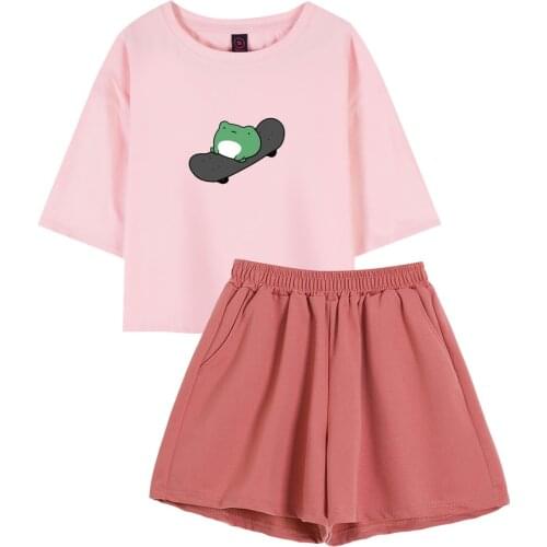 Harajuku Cotton T Shirt Kawaii Cute Frog Top White Shorts for Women Short Sleeve Two Piece Set Trousers Casual Outdoors Clothing