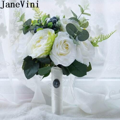 JaneVini Vintage Wedding Bridal Bouquet White Ivory Rose Green Leaves Bride Hand Holder Flower Garden Wedding Bouquet De Fleur