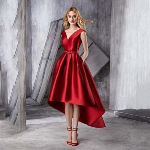 High Low Red Prom Dresses V-Neck A-Line 2021 Sleeveless Satin Wedding Banquet Party Ball Pocket Elegant Evening Dresses Luxury