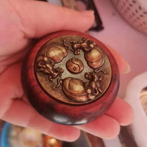Copper gossip Animal cow lucky charm amulet Carved Dragon Rotating Drum Chinese Zodiac Year of the Ox Destiny Compass Sandalwood