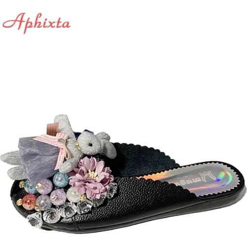 Aphixta Luxury Diamond Mules Women Slides Crystals Round Toe Rabbit Ragdoll Flowers Shoes Summer Footwear Slippers