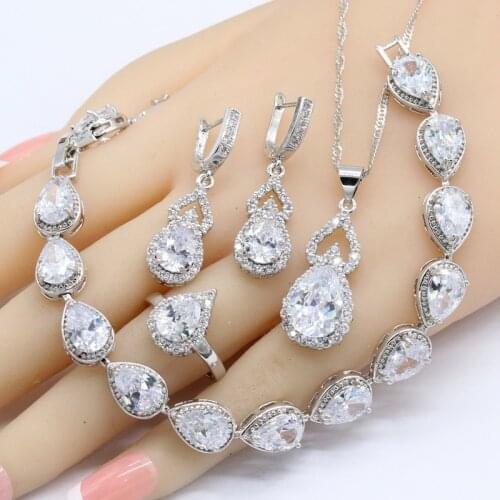 White Cubic Zircnoia Silver Color Bridal Jewelry Sets For Women Bracelet Earrings Necklace Pendant Rings Gift Box