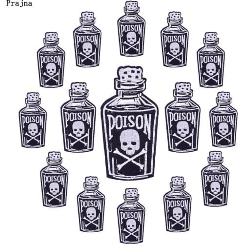 Prajna 10 PCS Wholesale Poison Bottle Embroidered Patches For Clothing Stickers Iron On Patches On Clothes Punk Skull Badges DIY