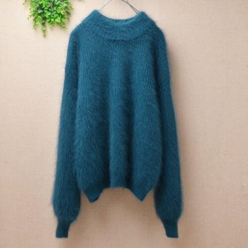 Ladies women fashion loose hairy fuzzy angora rabbit fur knitted winter clothes pullover long lantern sleeves mink fur jumper